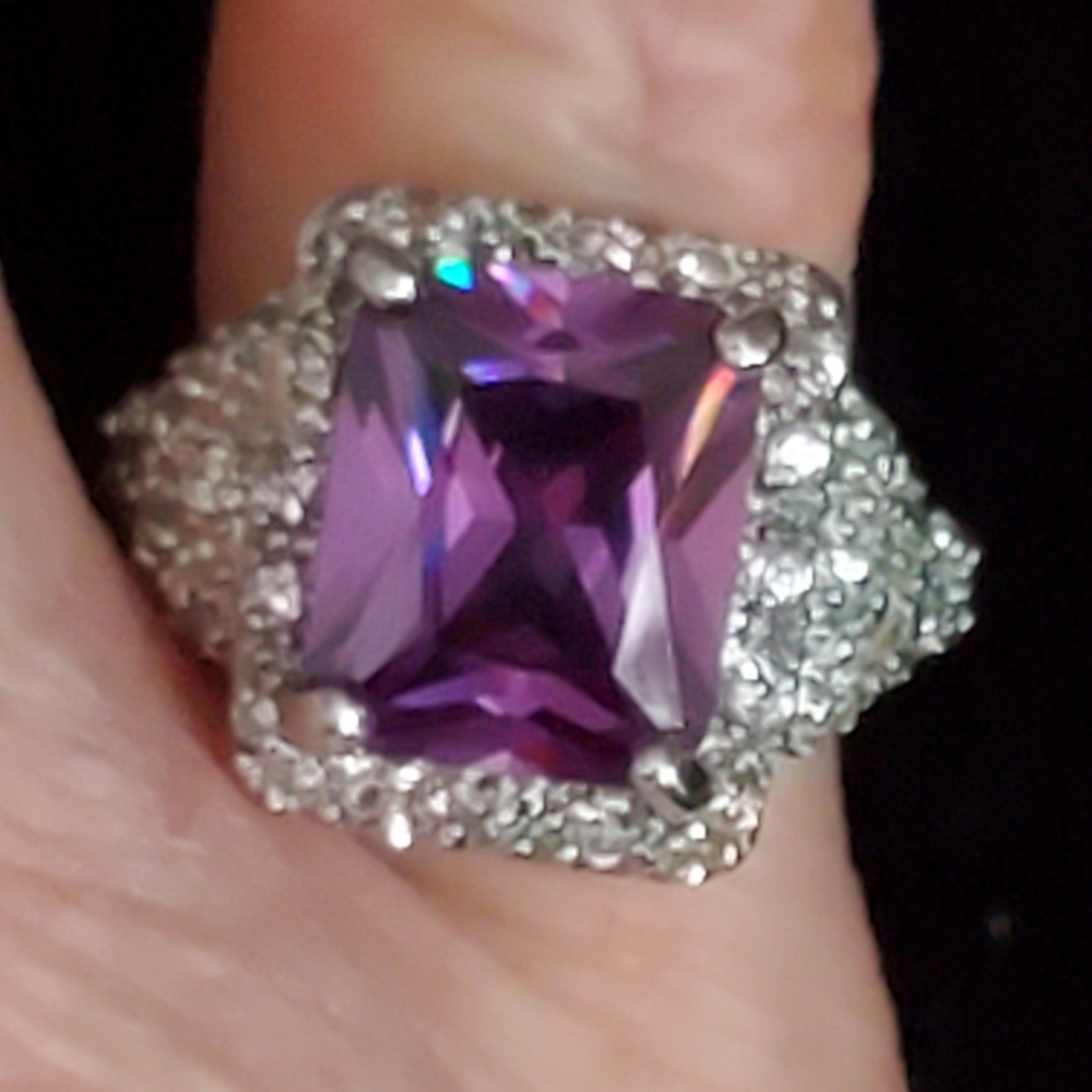 Silvertone Ring With Large Rectangular Purple Sto… - image 2